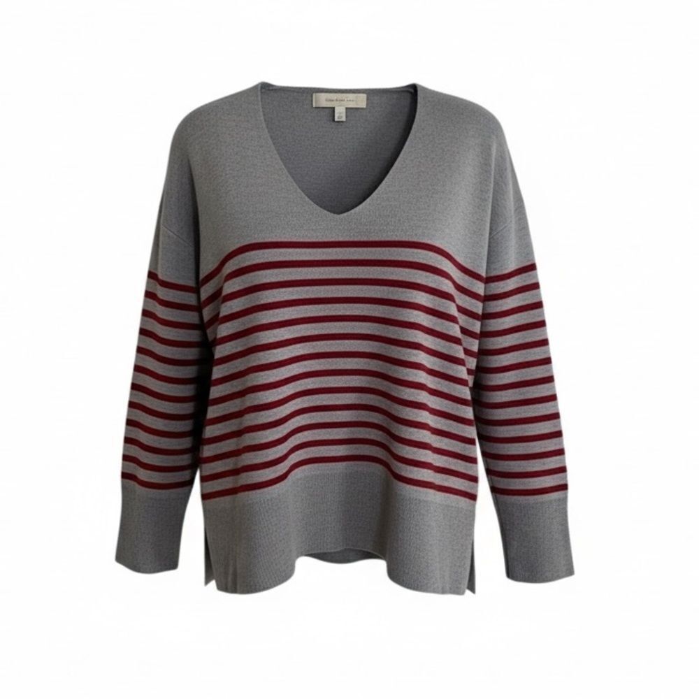Loft Stripe V-Neck Long Sleeve Knit Pullover Sweater Gray Red Size Large